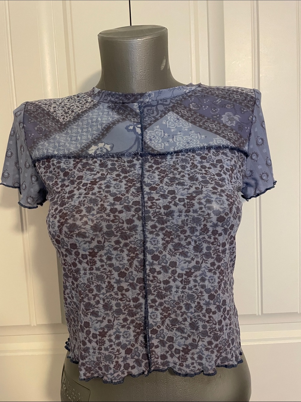 bp Blue Patchwork Floral Short Sleeve Top
